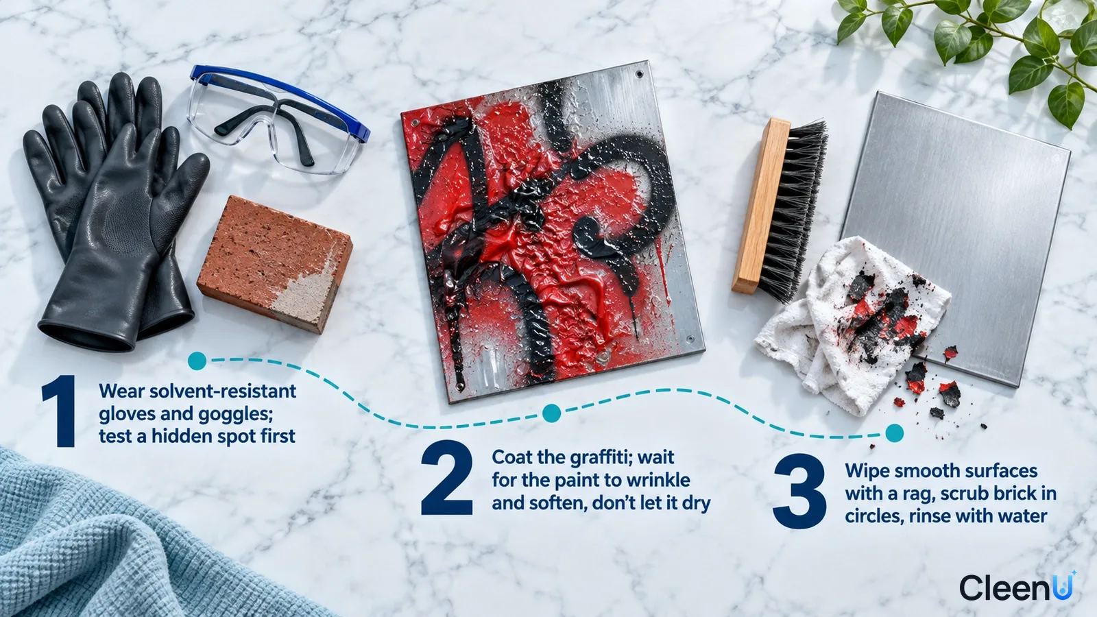 Illustration: Protective gloves, goggles, graffiti samples, a brush and soiled cloth with numbered steps.