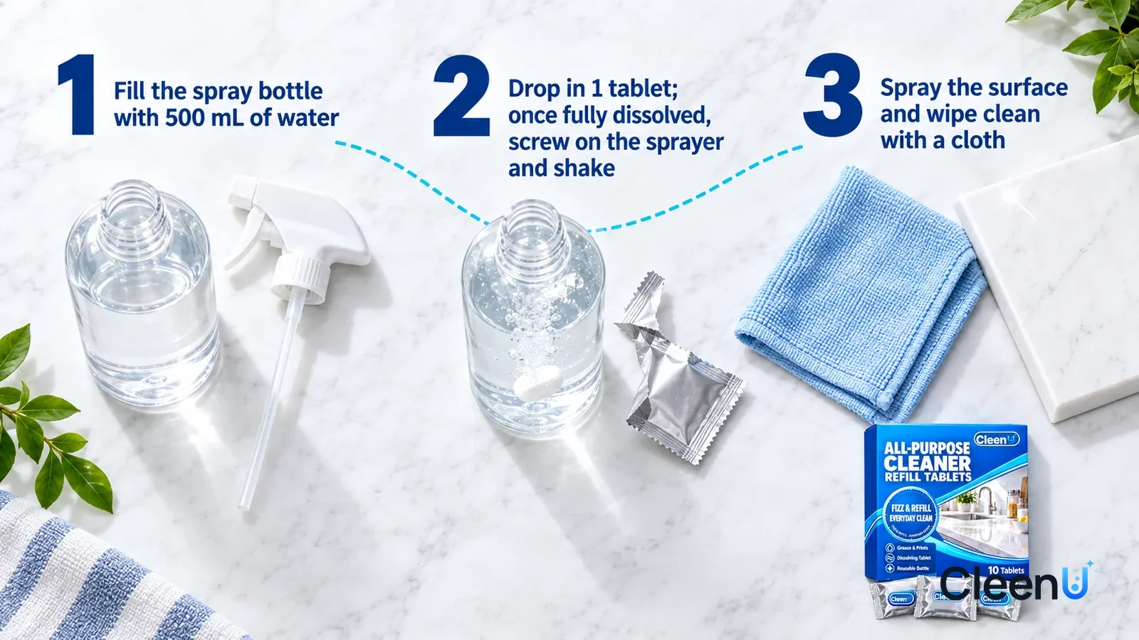 Illustration: CleenU All-Purpose Cleaner Refill Tablets — an overhead shot straight down onto a light marble tabletop, no hands: (1) an unlabeled clear empty spray bottle filled with water