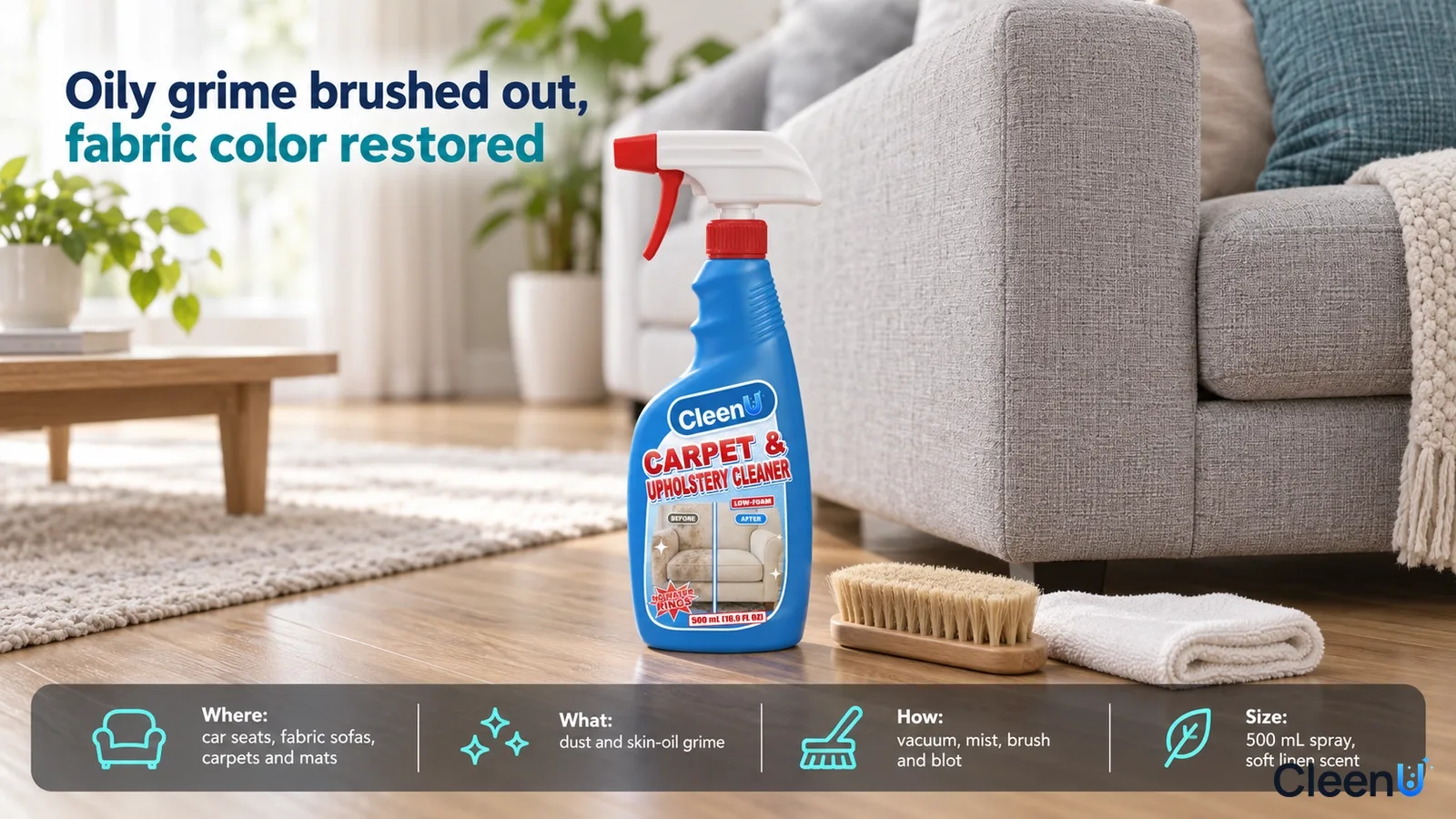 Illustration: A blue cleaner bottle, wooden brush and white cloth in front of a gray sofa.