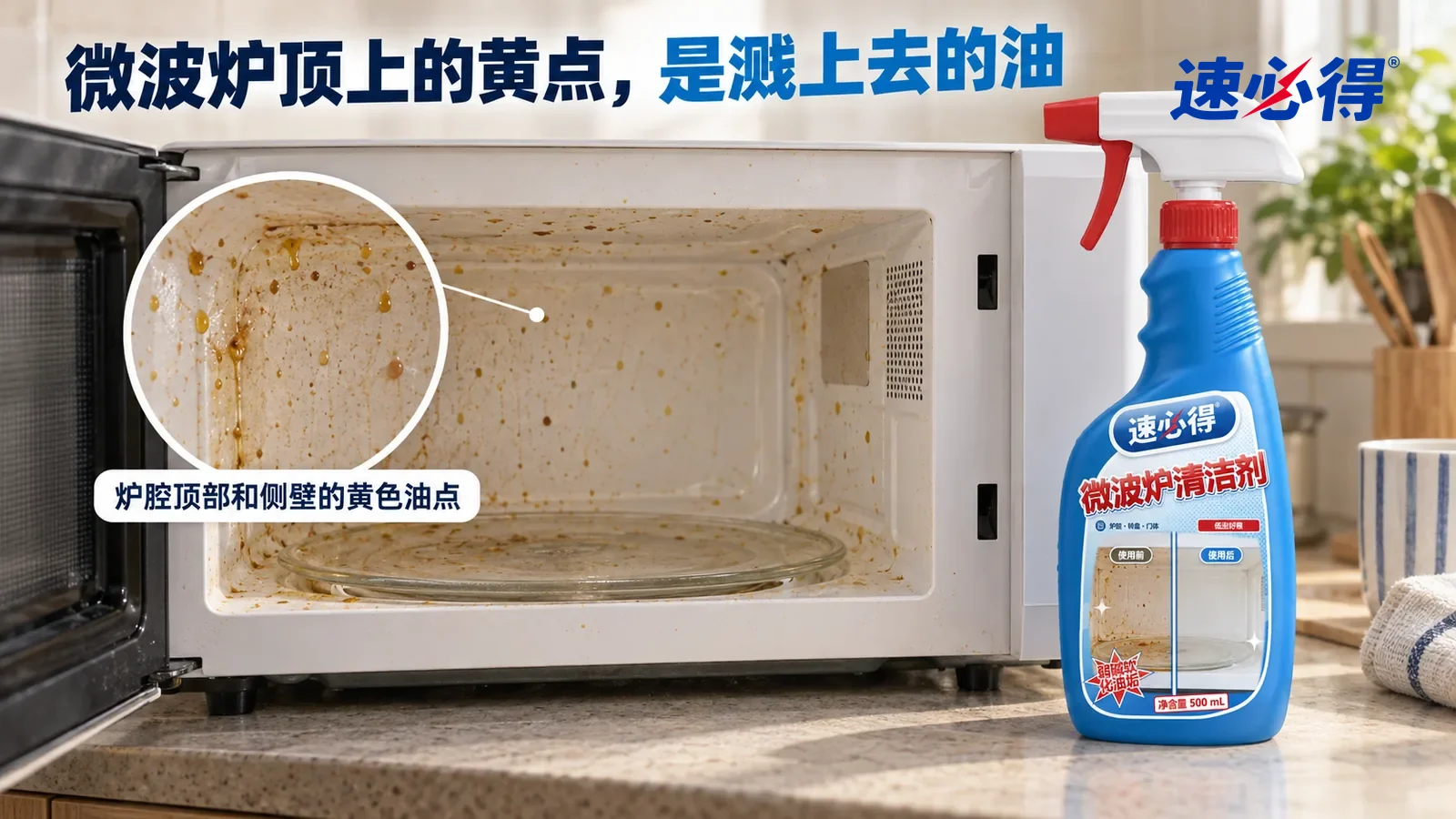 示意图：速必得微波炉清洁剂——一个家常厨房台面上一台白色内腔的家用微波炉（无品牌标志），已拔掉电源、炉门打开、指示灯不亮，侧光斜照下炉腔顶部和侧壁溅满黄褐色油点