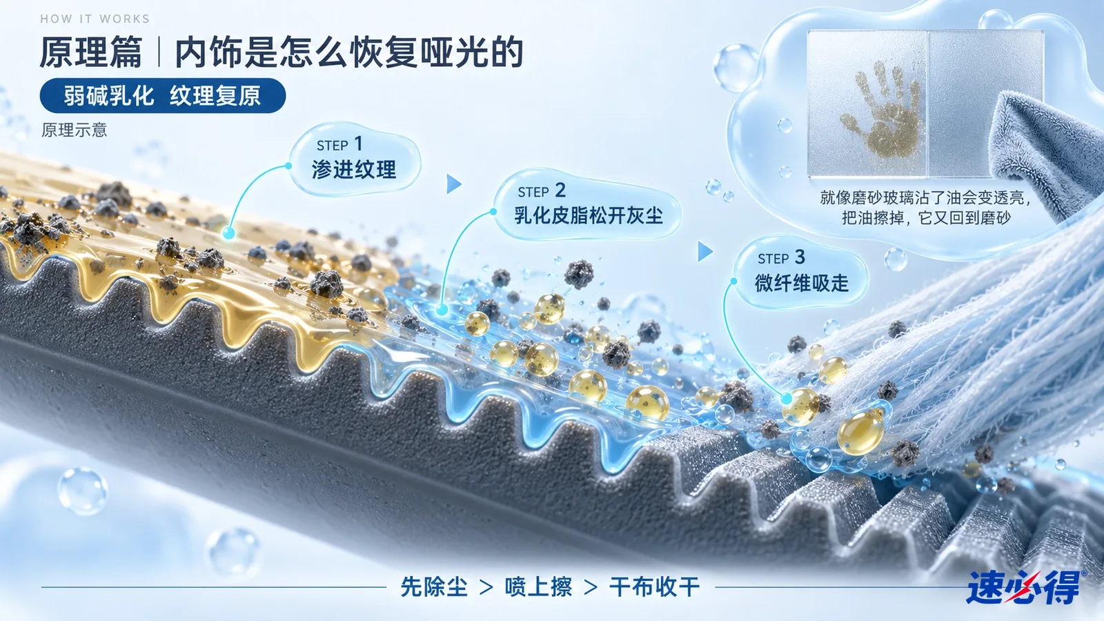 示意图:纹理表面剖面、灰色颗粒、液滴和蓝色清洁布。