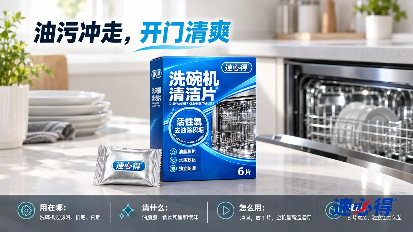 示意图：速必得洗碗机清洁片纸盒居中直立站在厨房台面上，盒前一只银色铝箔小包，身后一台门微开、内胆干净的嵌入式洗碗机（无品牌标志）和厨房向画面深处柔和虚化