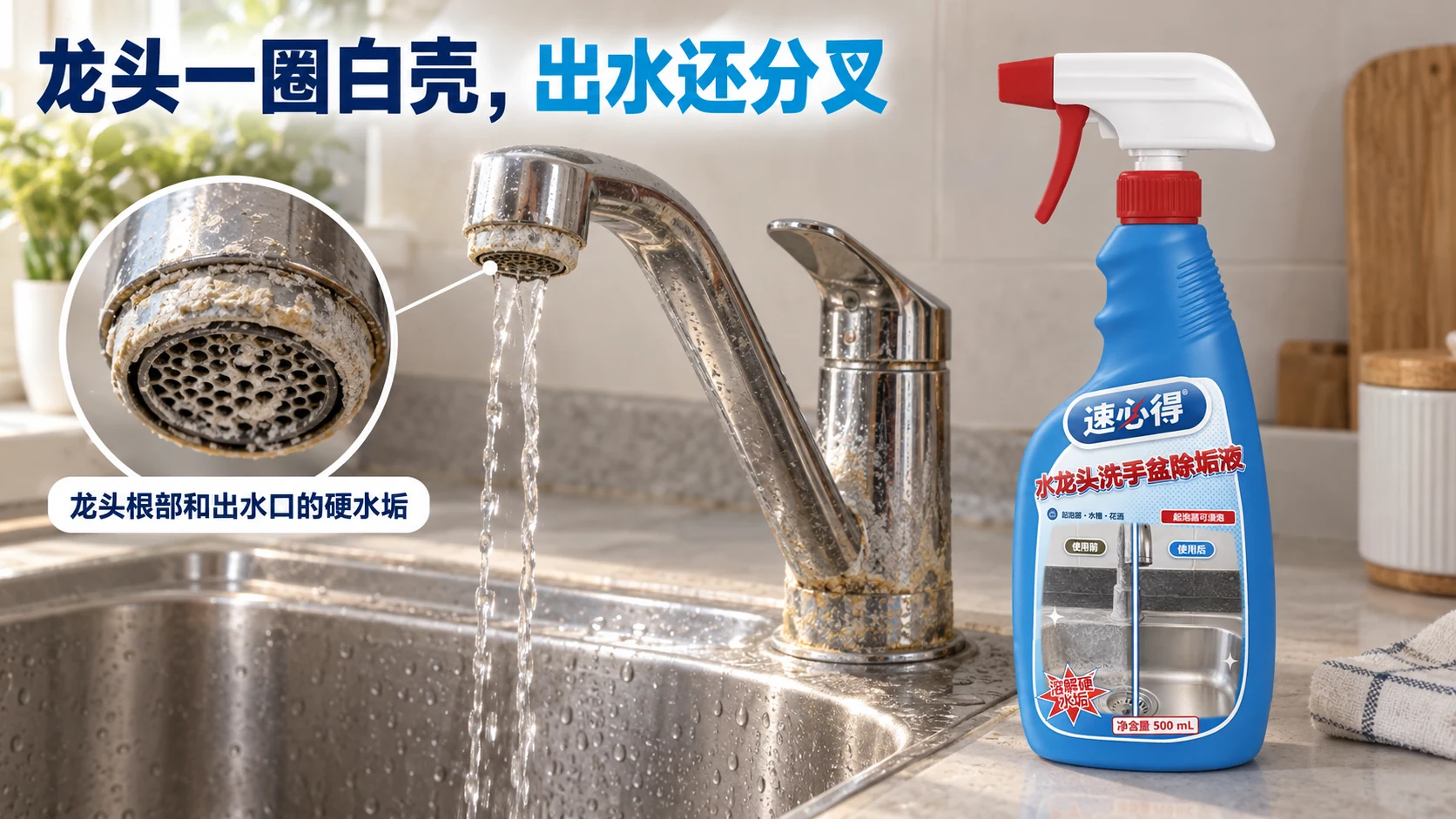 示意图：水龙头出水口与底座的白色水垢、蓝色除垢剂喷瓶及起泡器局部图。