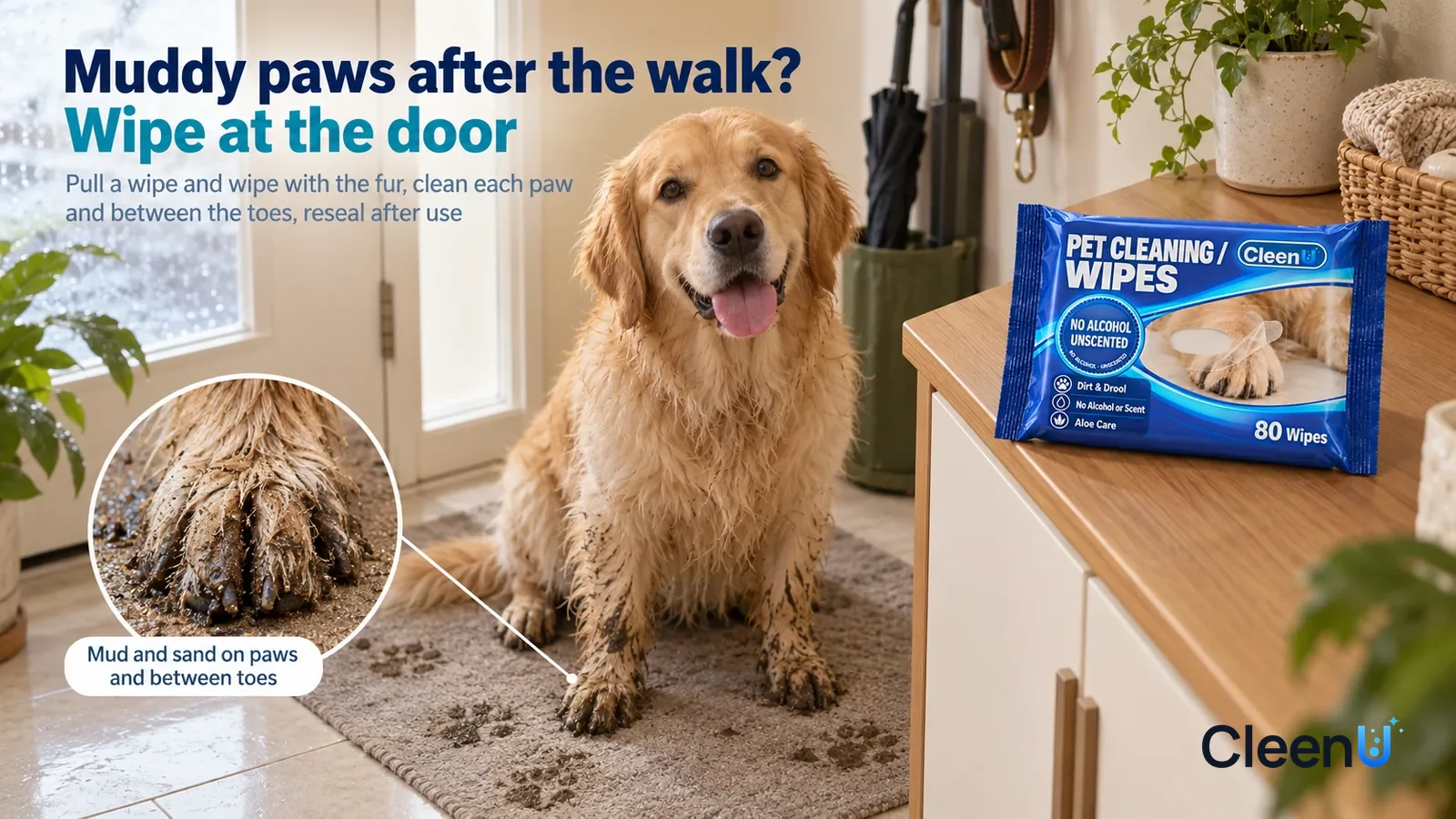Illustration: CleenU Pet Cleaning Wipes — An everyday entryway after rain, a light golden medium-sized dog (no-brand collar) sitting patiently on the mat by the door Headline: "Muddy paws after the wa