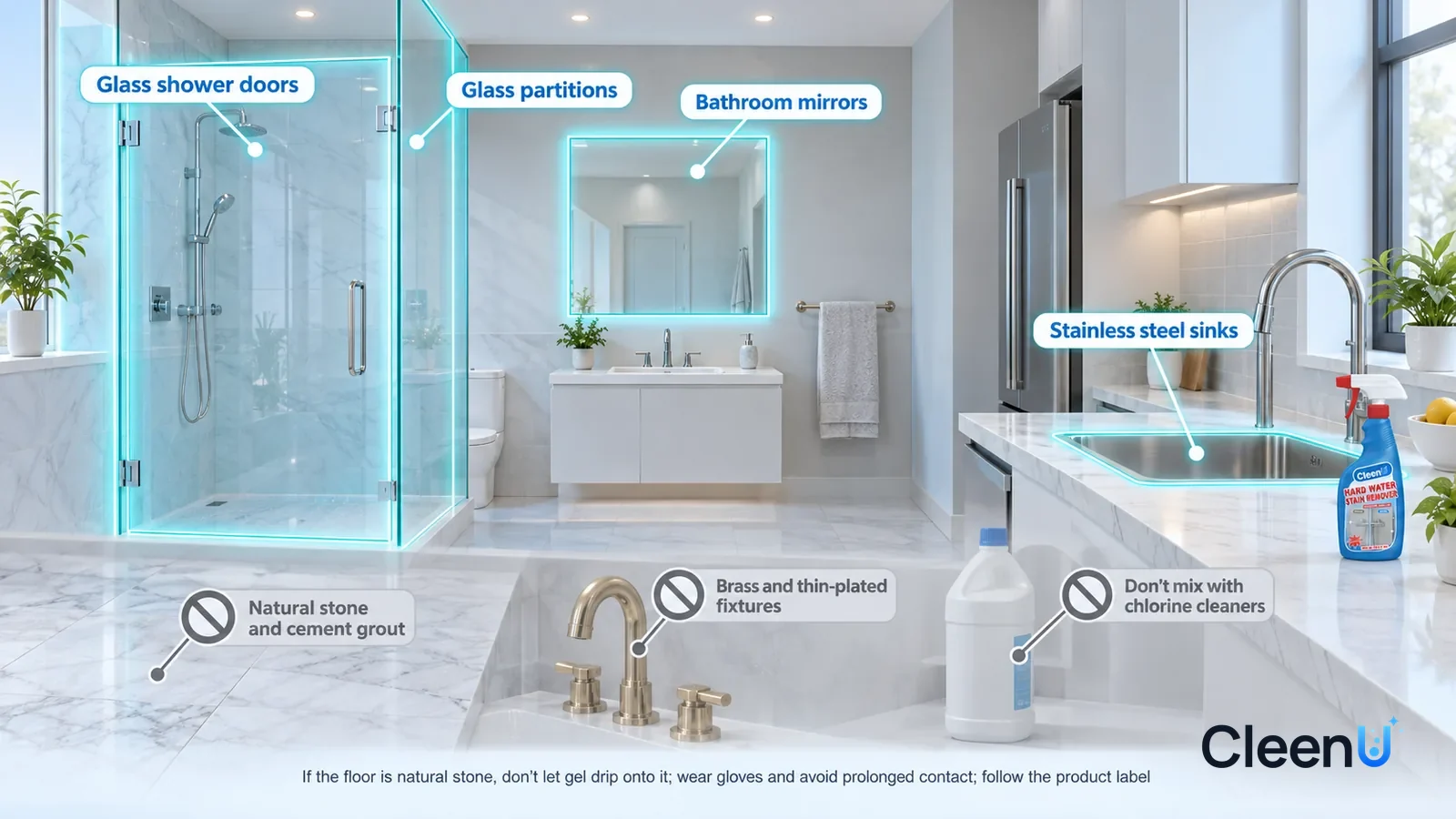 Illustration: CleenU Hard Water Stain Remover — A realistic 3D cutaway of a bright home's primary bathroom, second bathroom, and kitchen, one continuous space from one viewpoint